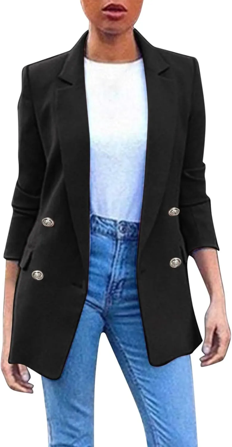 PeQAQ Womens Casual Blazer Jacket with Pockets Long Sleeve Open Front Long Work Suit Jackets Office Blazer Lapel Button Coats