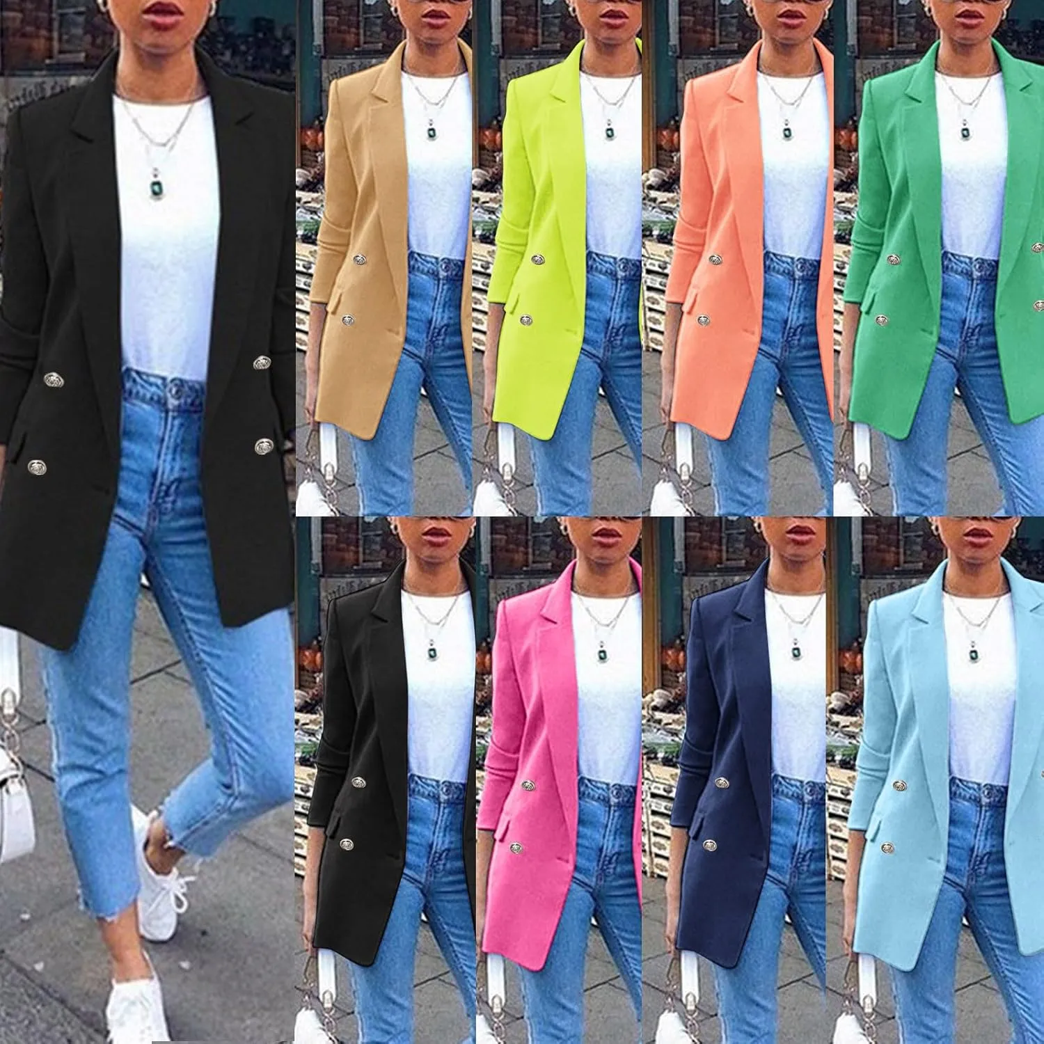 PeQAQ Womens Casual Blazer Jacket with Pockets Long Sleeve Open Front Long Work Suit Jackets Office Blazer Lapel Button Coats