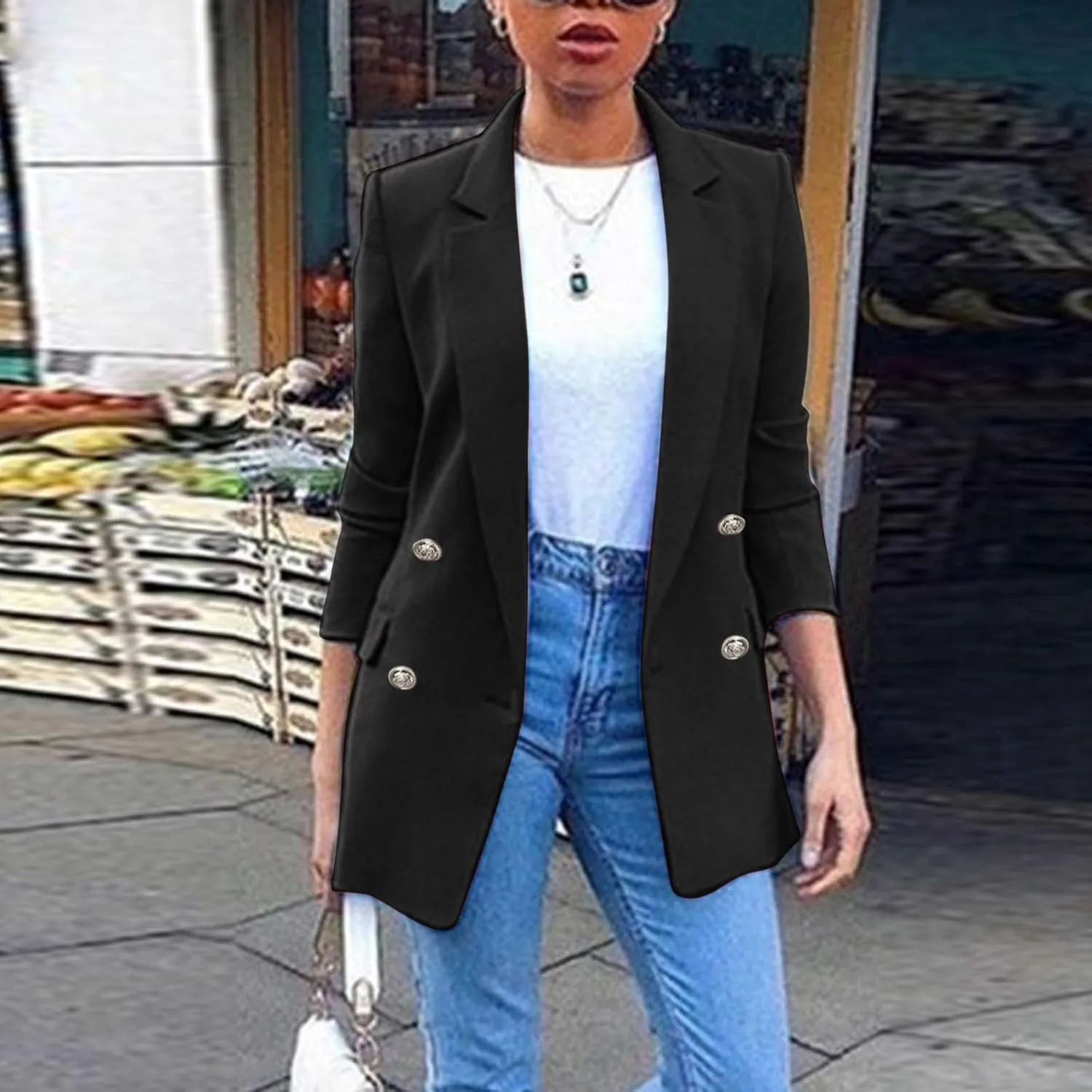 PeQAQ Womens Casual Blazer Jacket with Pockets Long Sleeve Open Front Long Work Suit Jackets Office Blazer Lapel Button Coats