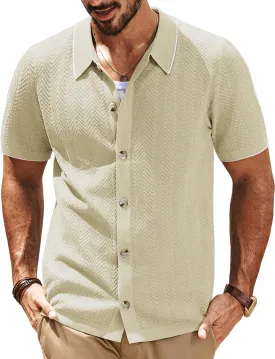 PJ PAUL JONES Men's Knit Polo Shirt Short Sleeve Button Down Shirt Vintage Summer Beach Shirts