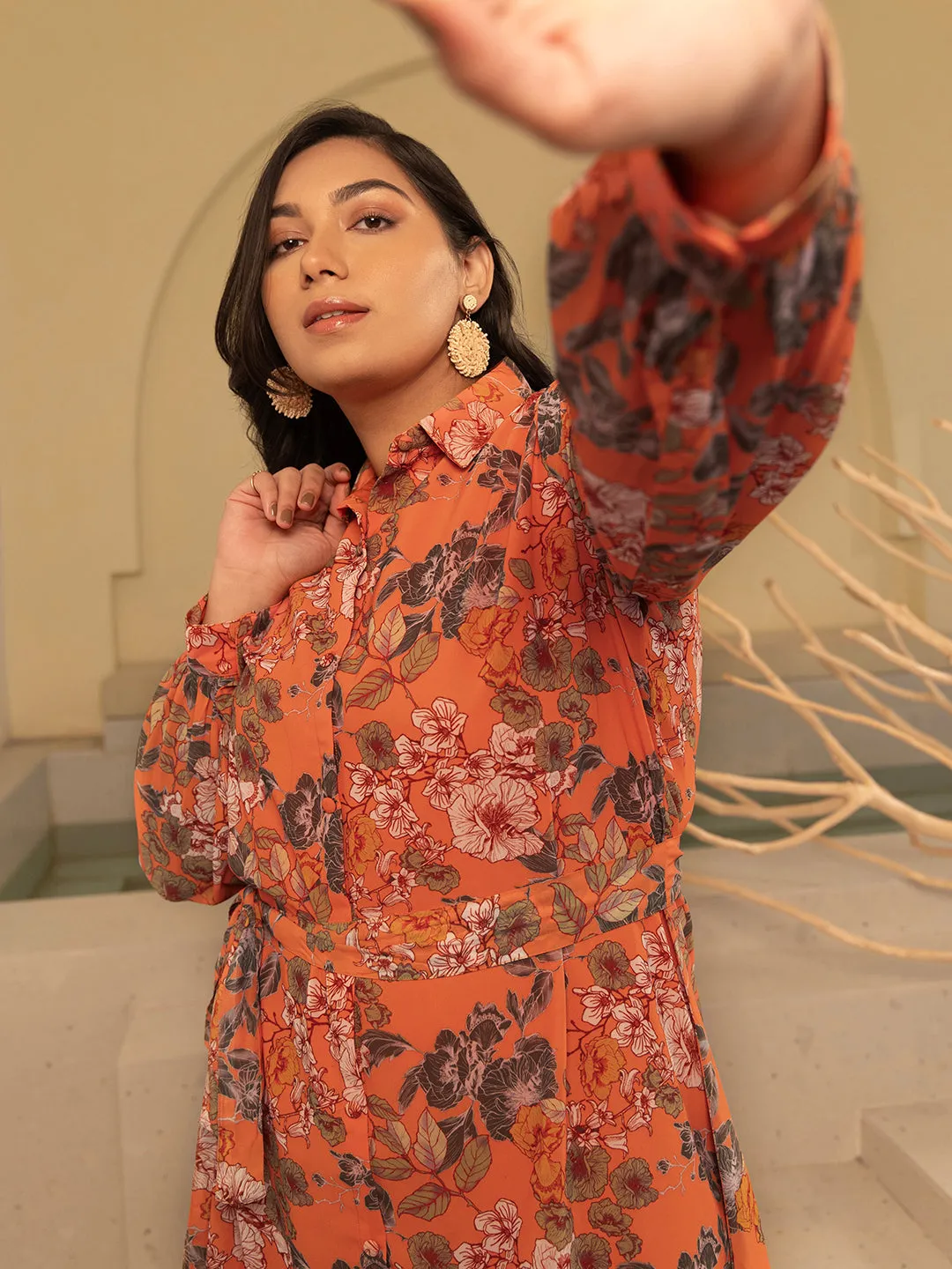 Plus Size Orange Georgette Floral A-Line Dress