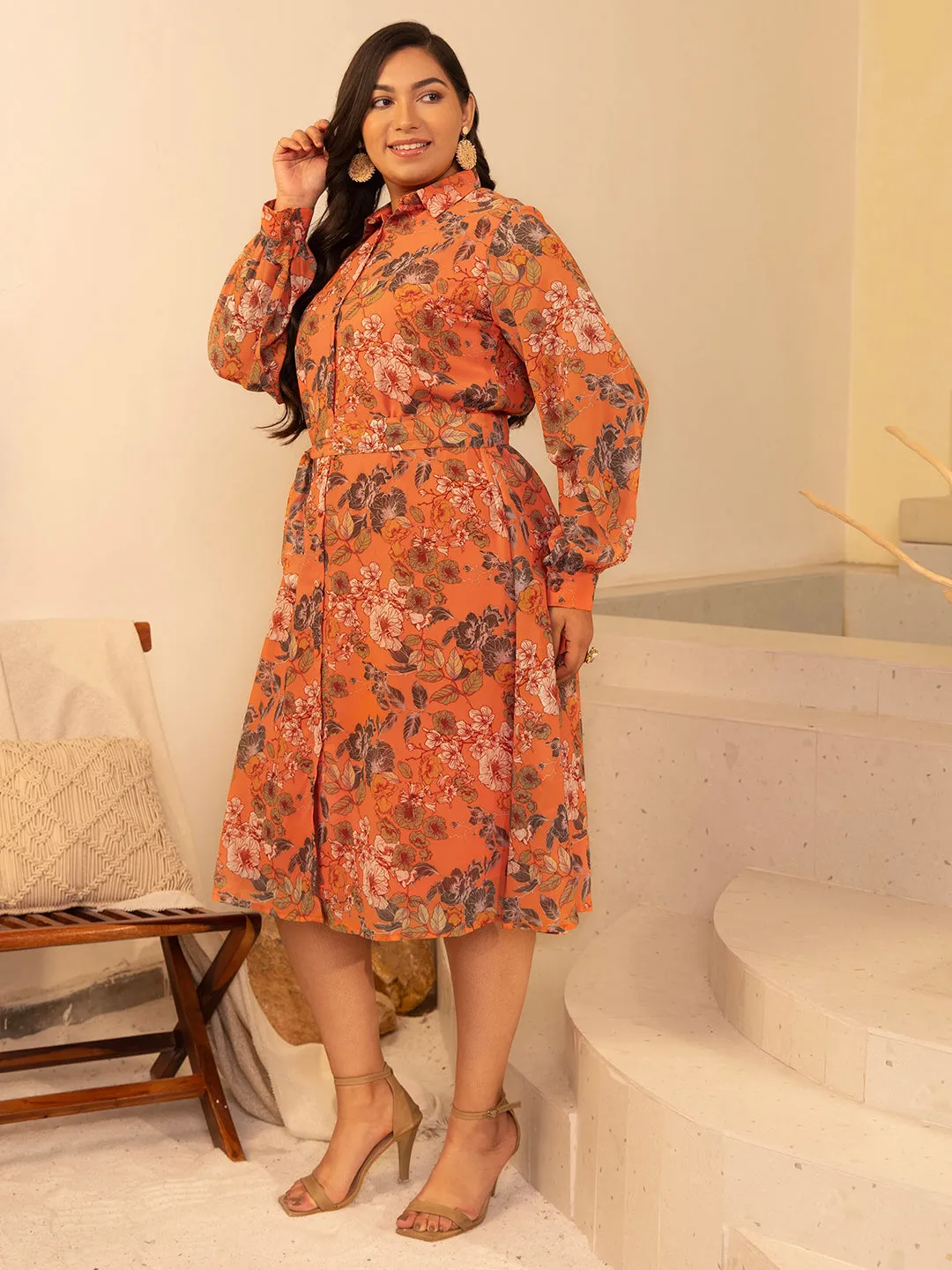 Plus Size Orange Georgette Floral A-Line Dress