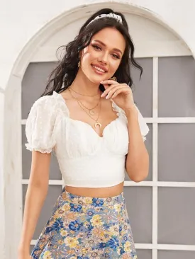 Puff Sleeve Ruched Bust Shirred Swiss Dot Milkmaid Top