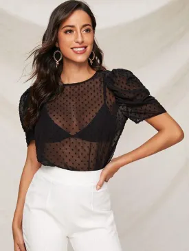 Puff Sleeve Swiss Dot Sheer Top Without Bra