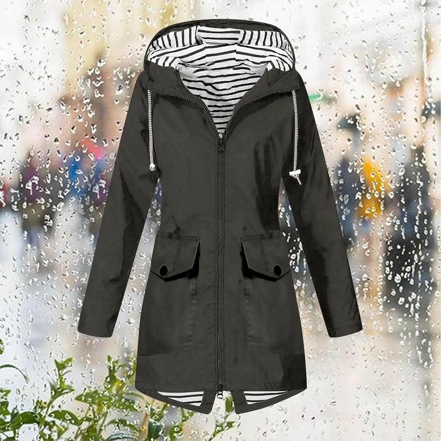 Rain Jacket Women 2024 Fall Lightweight Waterproof Raincoat Windbreaker Outdoor Hooded Trench Coat