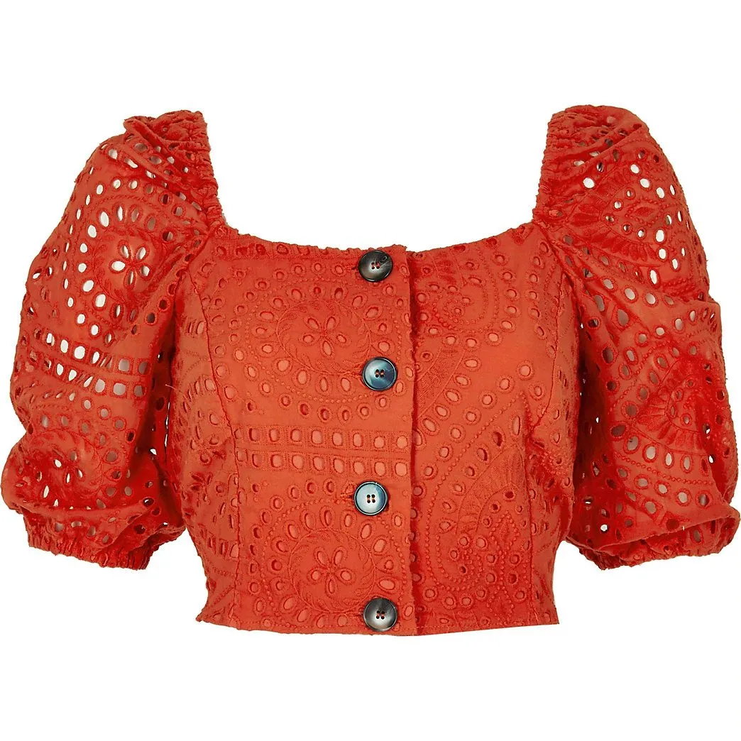 River Island Red Broderie Puff Sleeve Womens Crop Top