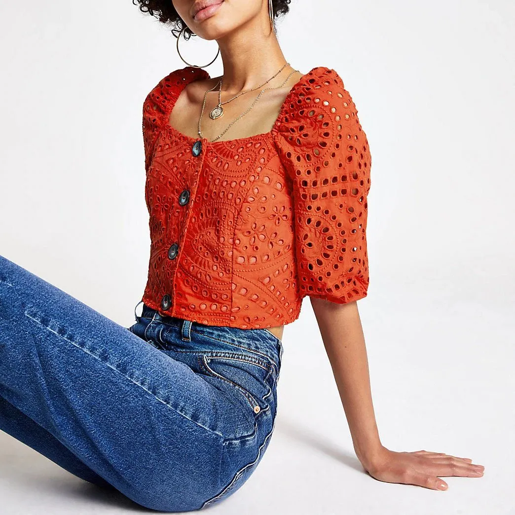 River Island Red Broderie Puff Sleeve Womens Crop Top