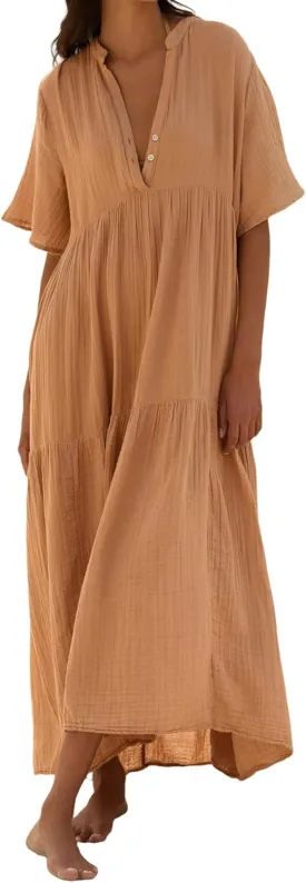 R.Vivimos Womens Summer Cotton Flowy Maxi Dress Short Sleeve V Neck Empire Waist Boho Tiered Ruffle Casual Loose Long Dresses