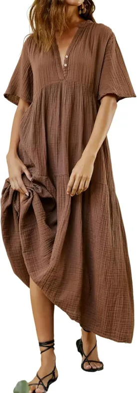 R.Vivimos Womens Summer Cotton Flowy Maxi Dress Short Sleeve V Neck Empire Waist Boho Tiered Ruffle Casual Loose Long Dresses