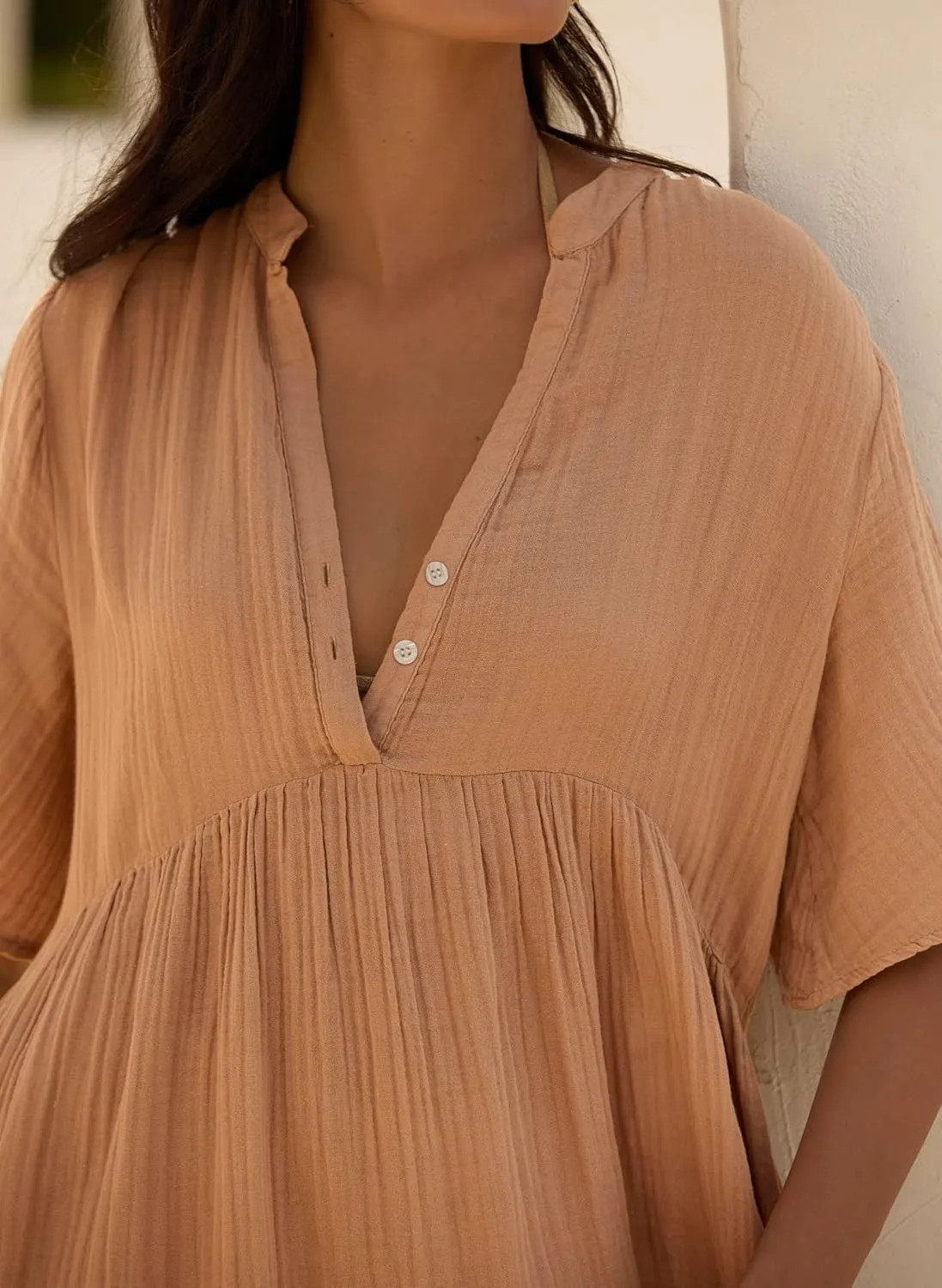 R.Vivimos Womens Summer Cotton Flowy Maxi Dress Short Sleeve V Neck Empire Waist Boho Tiered Ruffle Casual Loose Long Dresses