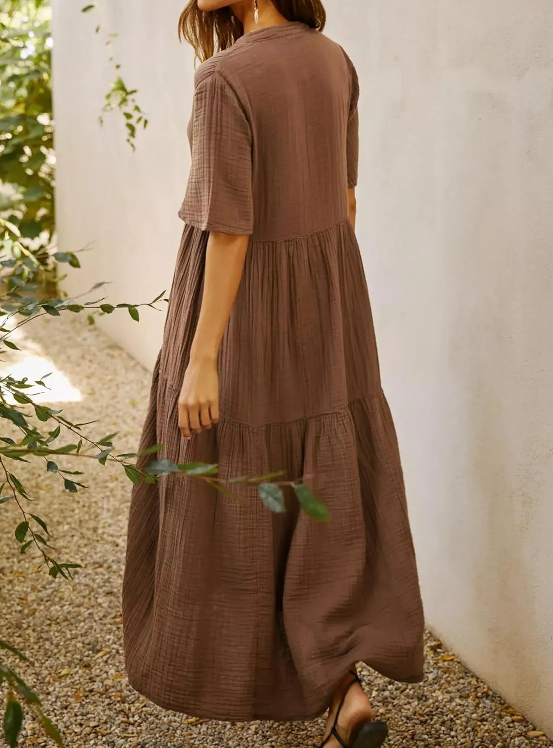 R.Vivimos Womens Summer Cotton Flowy Maxi Dress Short Sleeve V Neck Empire Waist Boho Tiered Ruffle Casual Loose Long Dresses