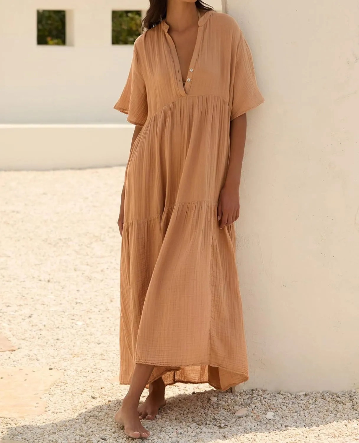 R.Vivimos Womens Summer Cotton Flowy Maxi Dress Short Sleeve V Neck Empire Waist Boho Tiered Ruffle Casual Loose Long Dresses