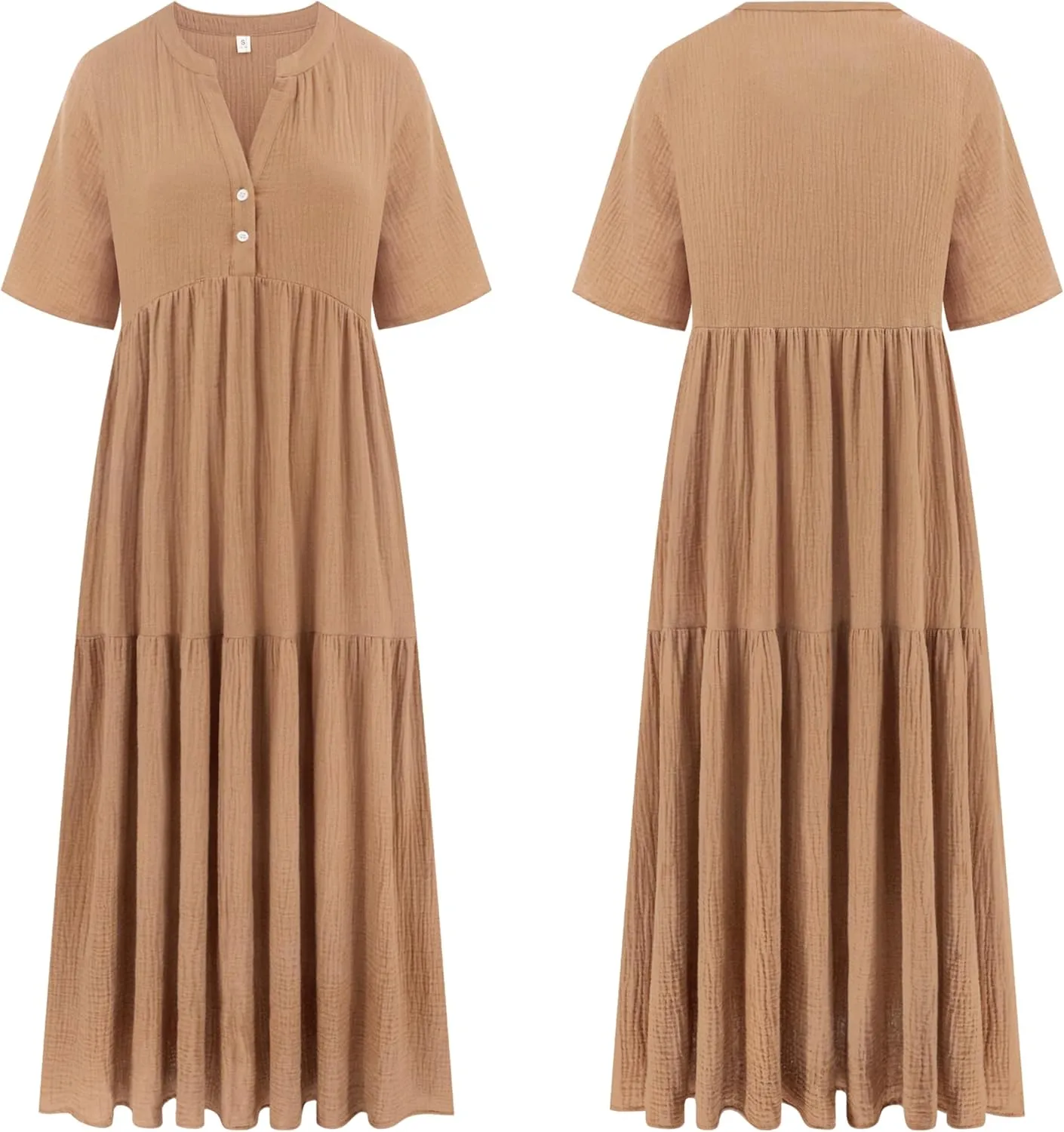 R.Vivimos Womens Summer Cotton Flowy Maxi Dress Short Sleeve V Neck Empire Waist Boho Tiered Ruffle Casual Loose Long Dresses