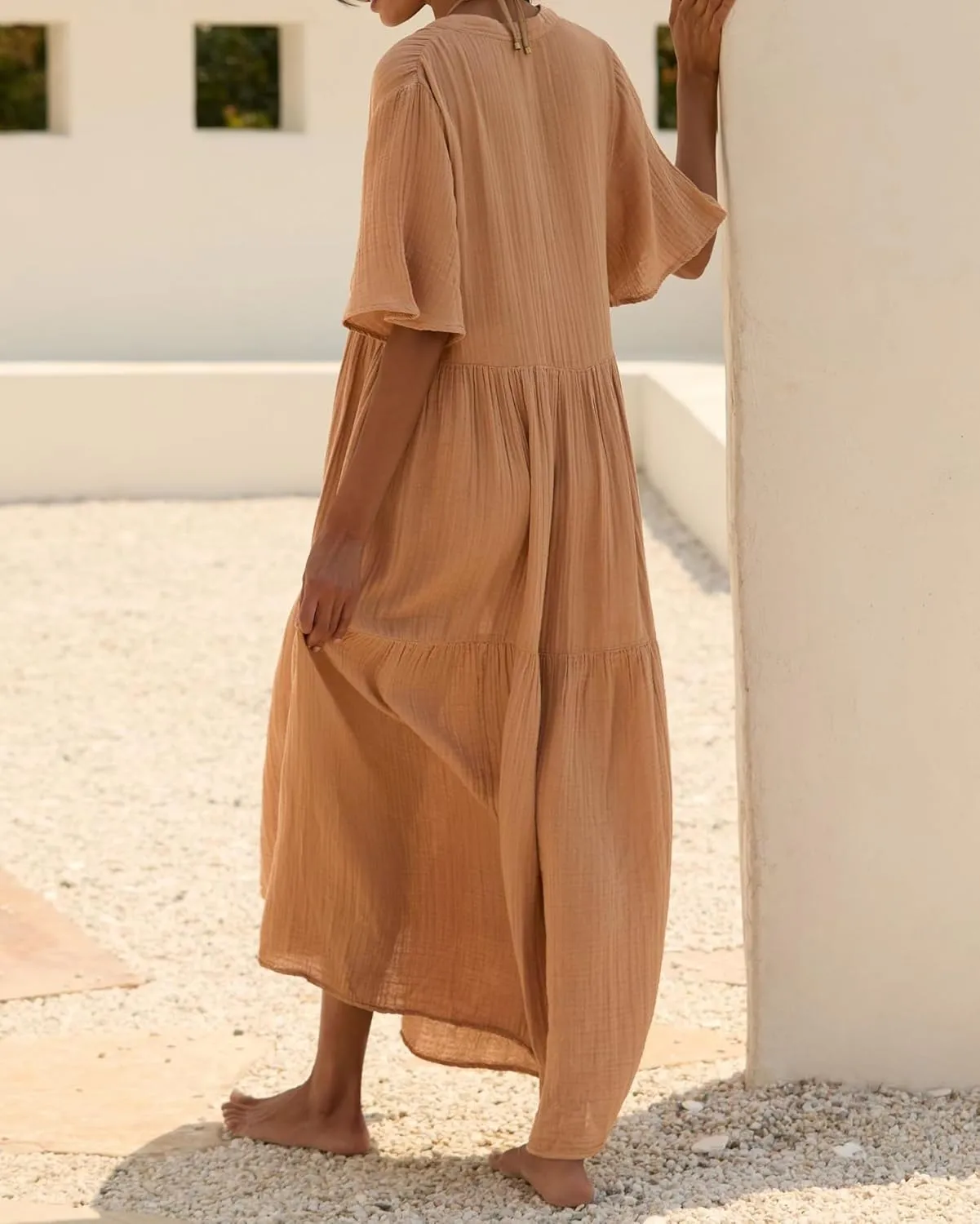 R.Vivimos Womens Summer Cotton Flowy Maxi Dress Short Sleeve V Neck Empire Waist Boho Tiered Ruffle Casual Loose Long Dresses