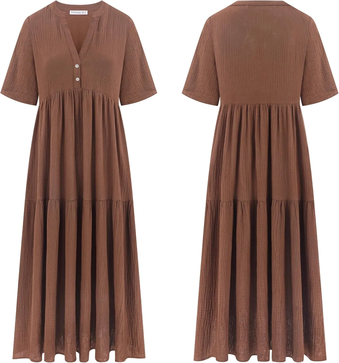 R.Vivimos Womens Summer Cotton Flowy Maxi Dress Short Sleeve V Neck Empire Waist Boho Tiered Ruffle Casual Loose Long Dresses