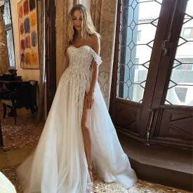 Sevintage Boho Wedding Dress Crystal Beading Off the Shoulder Lace Appliques A-Line Bridal Gown