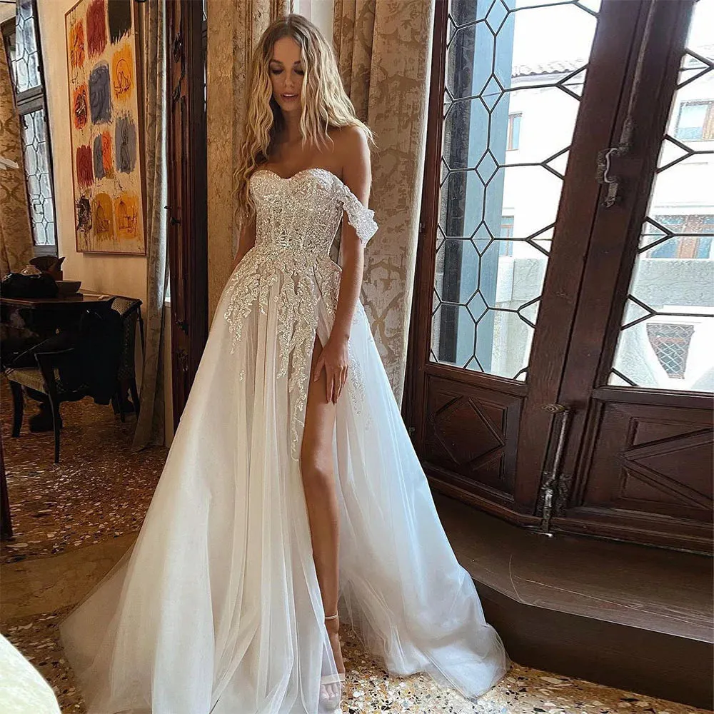 Sevintage Boho Wedding Dress Crystal Beading Off the Shoulder Lace Appliques A-Line Bridal Gown