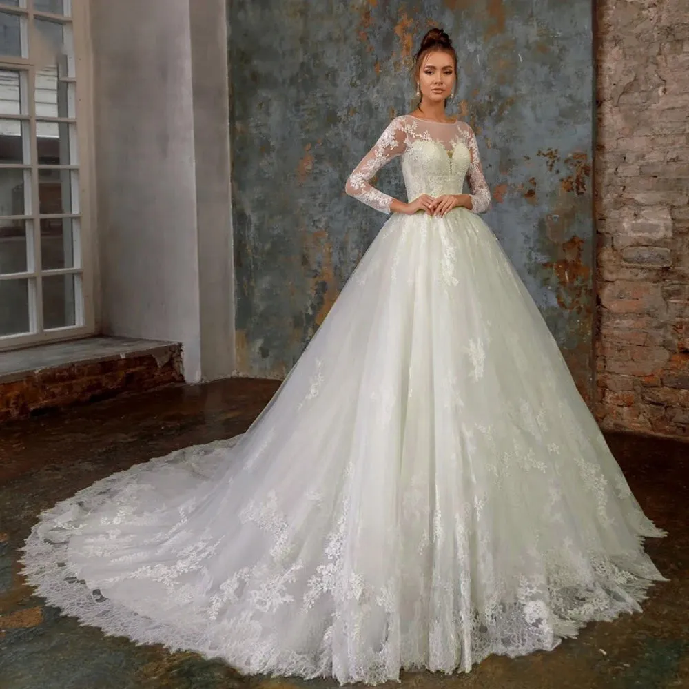 Sexy Illusion Long Sleeve Lace A-Line Wedding Dress Luxury Scoop Neck Appliques Court Train
