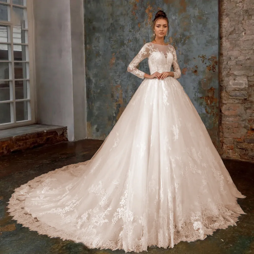 Sexy Illusion Long Sleeve Lace A-Line Wedding Dress Luxury Scoop Neck Appliques Court Train