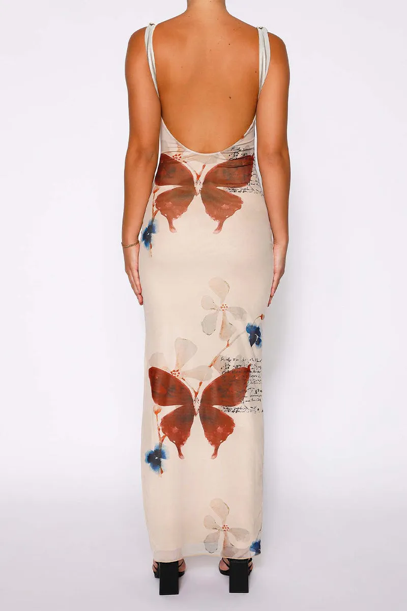 Sexy Print Butterfly Flowers Slit V Neck One Step Skirt Dresses