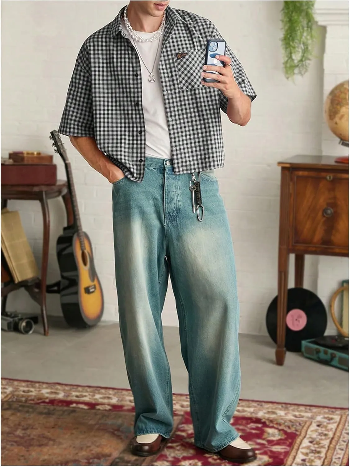 SHENHE Men's Plaid Button Down Short Sleeve Shirt Loose Fit Casual Shirt with Chest Pocket