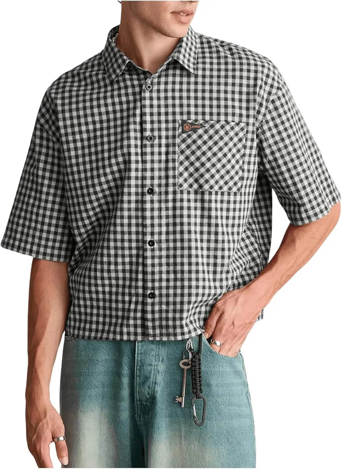 SHENHE Men's Plaid Button Down Short Sleeve Shirt Loose Fit Casual Shirt with Chest Pocket