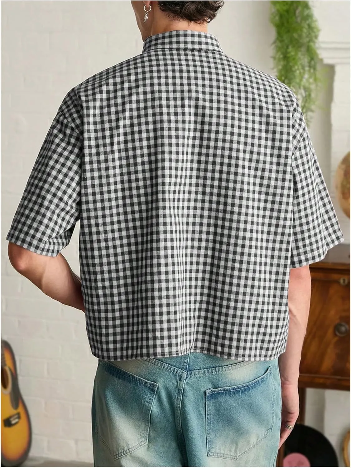 SHENHE Men's Plaid Button Down Short Sleeve Shirt Loose Fit Casual Shirt with Chest Pocket