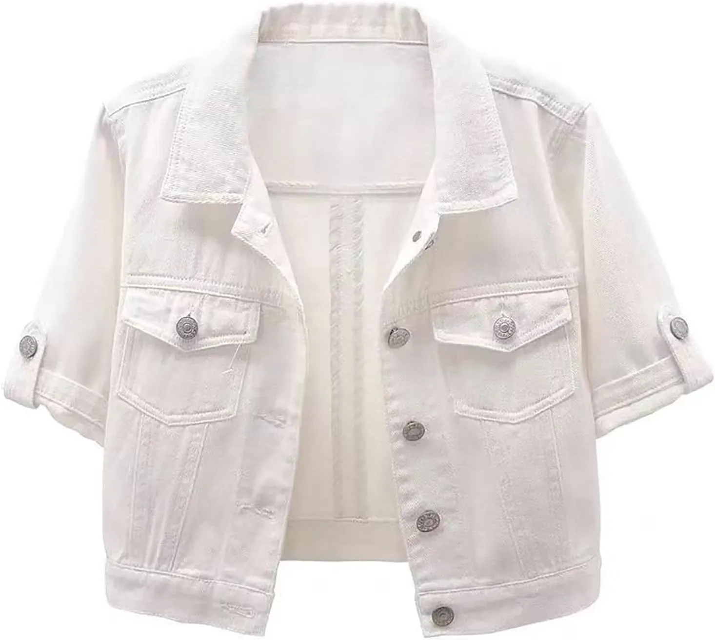 Short Sleeve Denim Jacket for Women 3/4 Sleeve Cropped Light Wash Short Jean Jacket Slim Trucker Coat Denim Tops