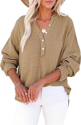 Simplifyleast Womens Casual Button V Neck Long Sleeve Shirts Oversized Solid Blouses Tops Lightweight Gauze Muslin Shirt