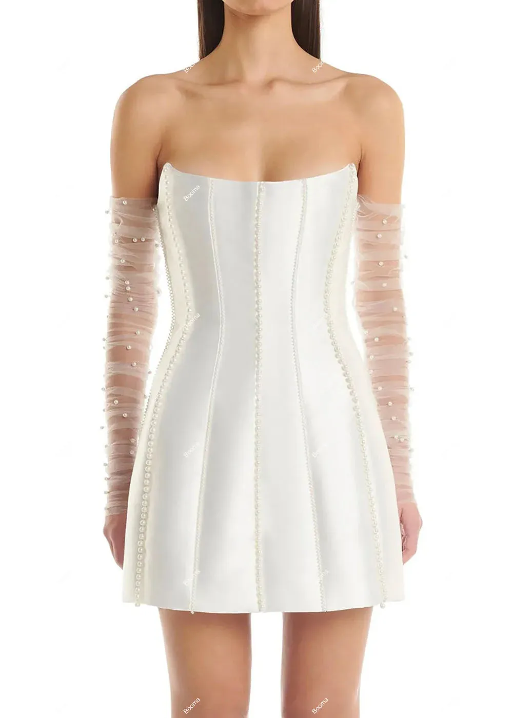 Strapless Mini Wedding Party Dress with Pearls and Boning for Brides and Evenings