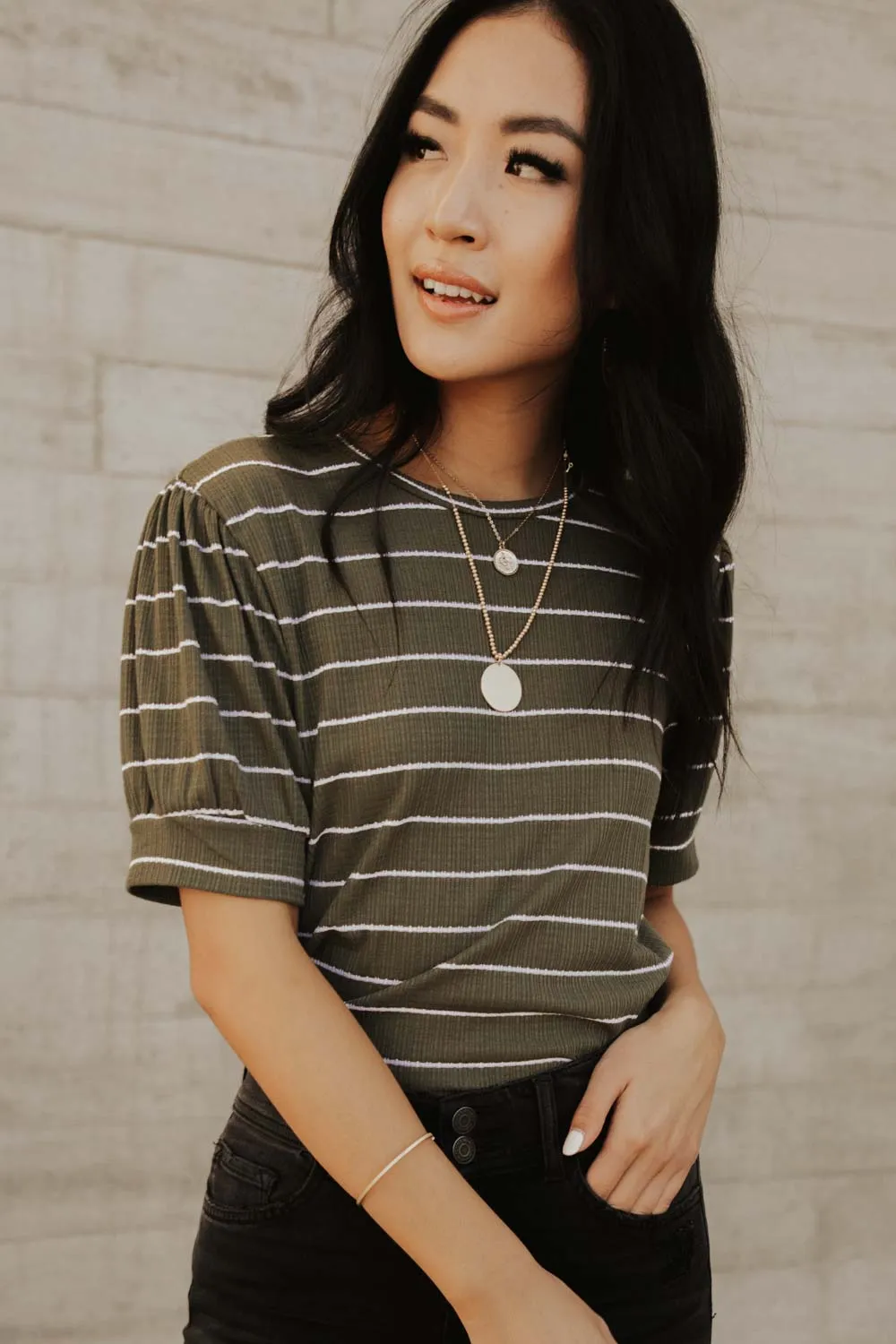 Striped Puff Sleeve Tee in Olive Green
