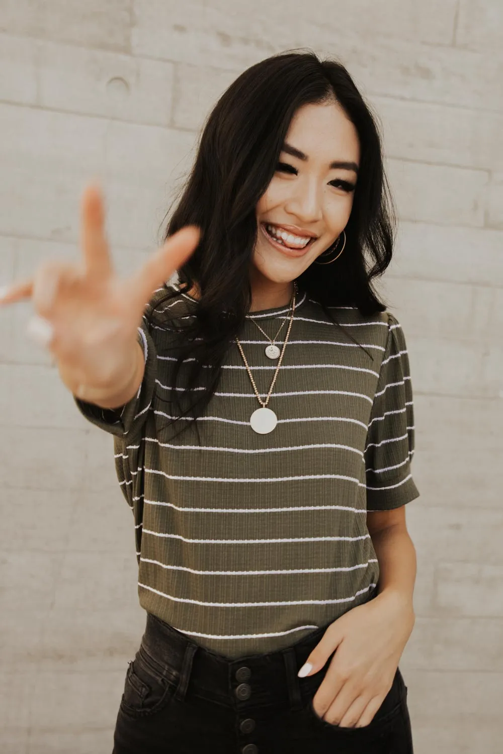 Striped Puff Sleeve Tee in Olive Green