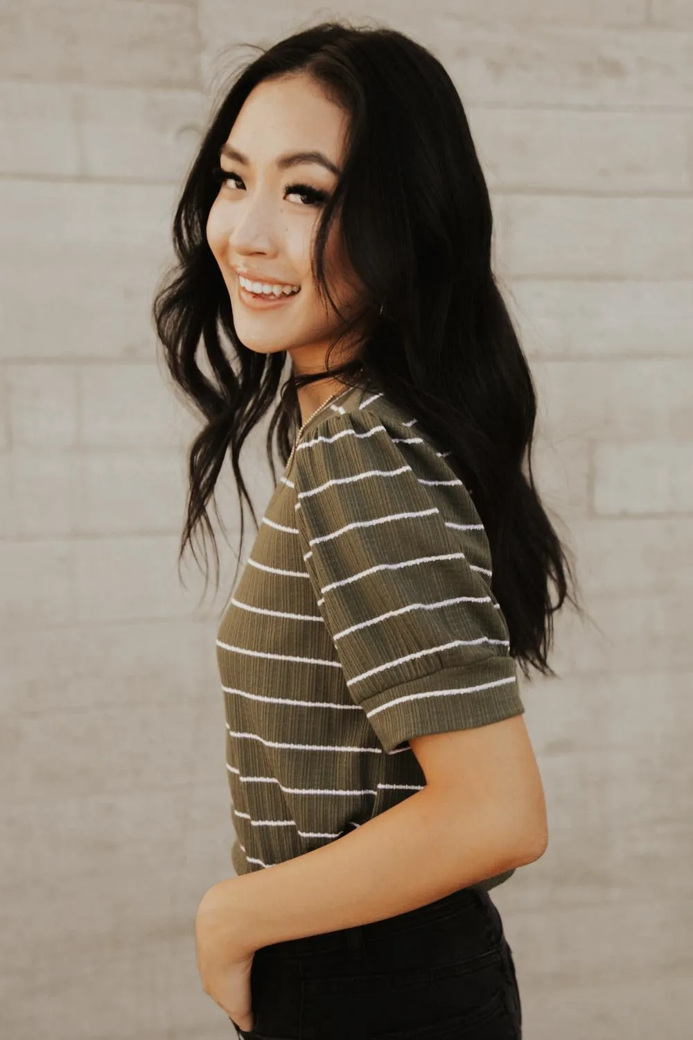 Striped Puff Sleeve Tee in Olive Green