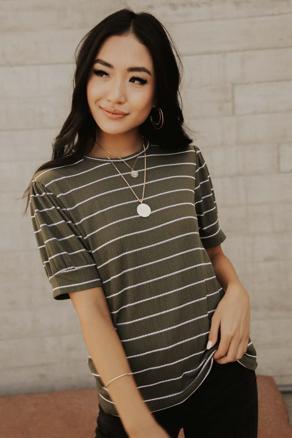 Striped Puff Sleeve Tee in Olive Green