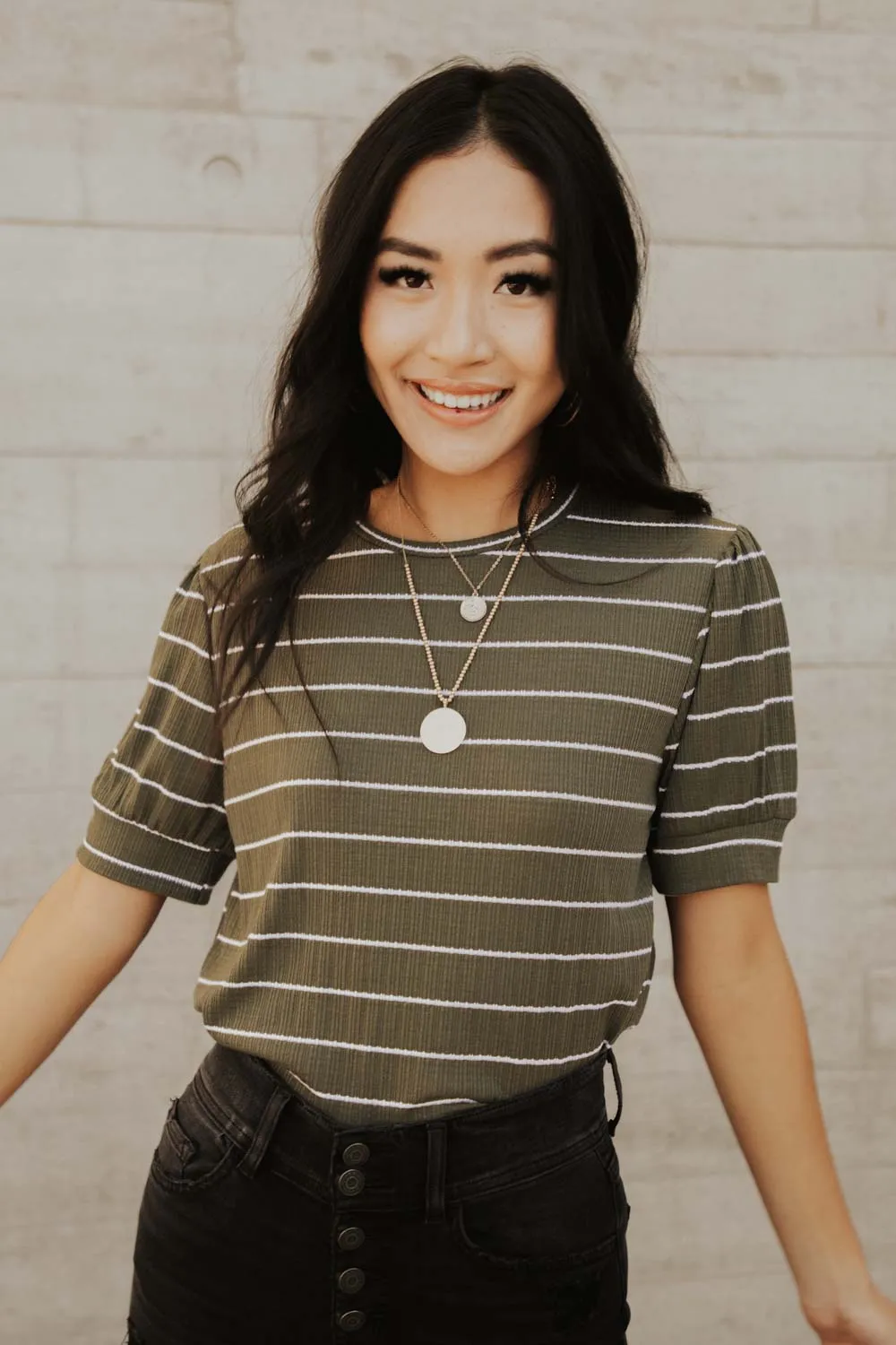 Striped Puff Sleeve Tee in Olive Green
