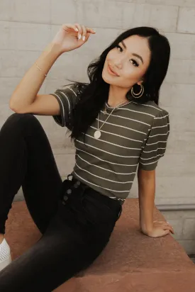Striped Puff Sleeve Tee in Olive Green