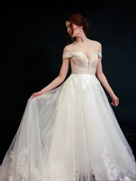 Style D2401 - Elegant off-the-shoulder Frosted Alençon Lace illusive back A-line gown