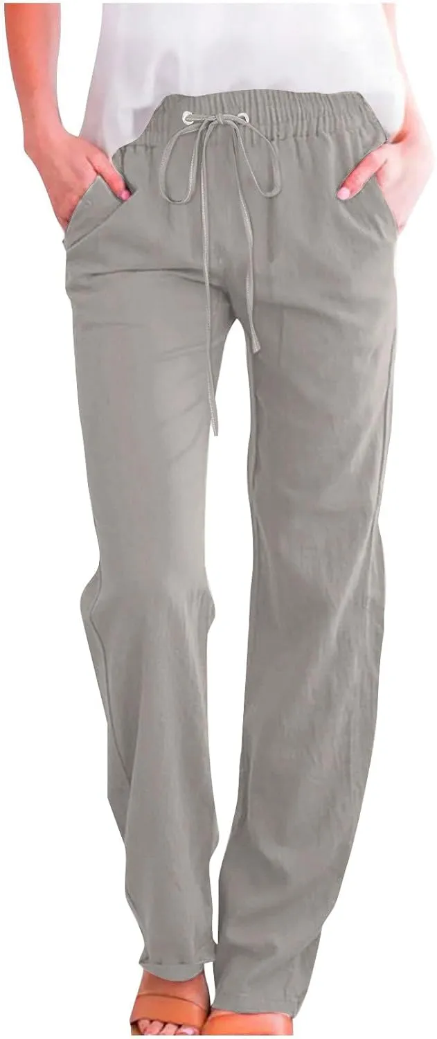 Summer Pants for Women 2025 Vacation Cotton Linen Wide Leg High Waisted Drawstring Gauze Lounge Trousers Clothes