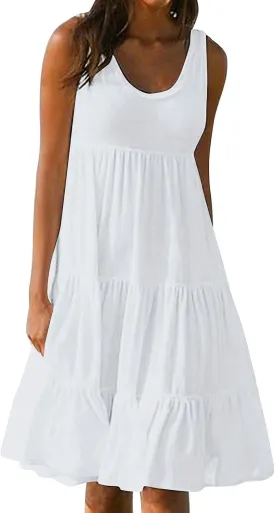 Sundresses for Women 2025 Vacation Summer Beach Dresses Casual Flowy Knee Length Tshirt Dress Sleeveless Ruffle Dress