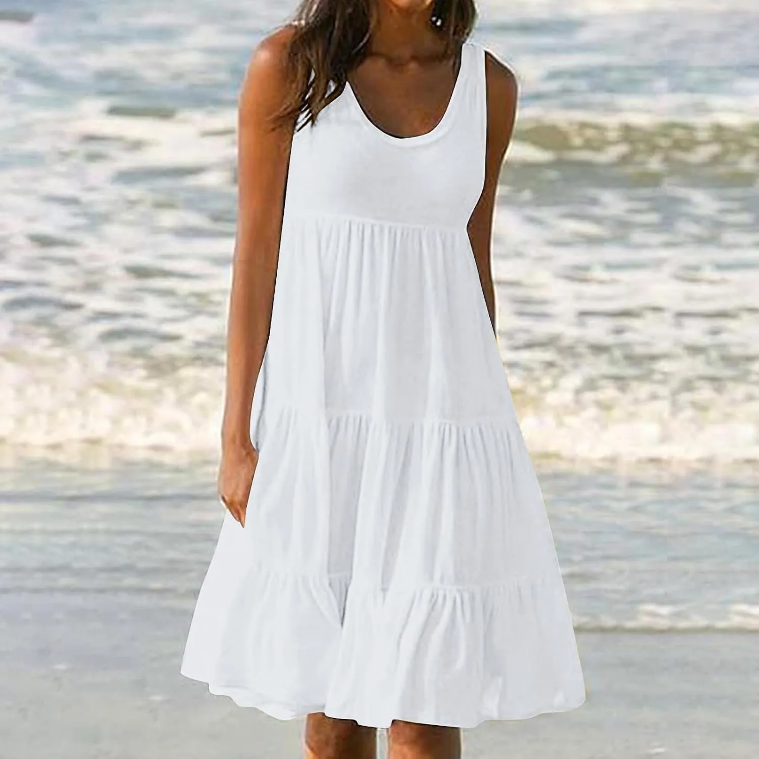 Sundresses for Women 2025 Vacation Summer Beach Dresses Casual Flowy Knee Length Tshirt Dress Sleeveless Ruffle Dress