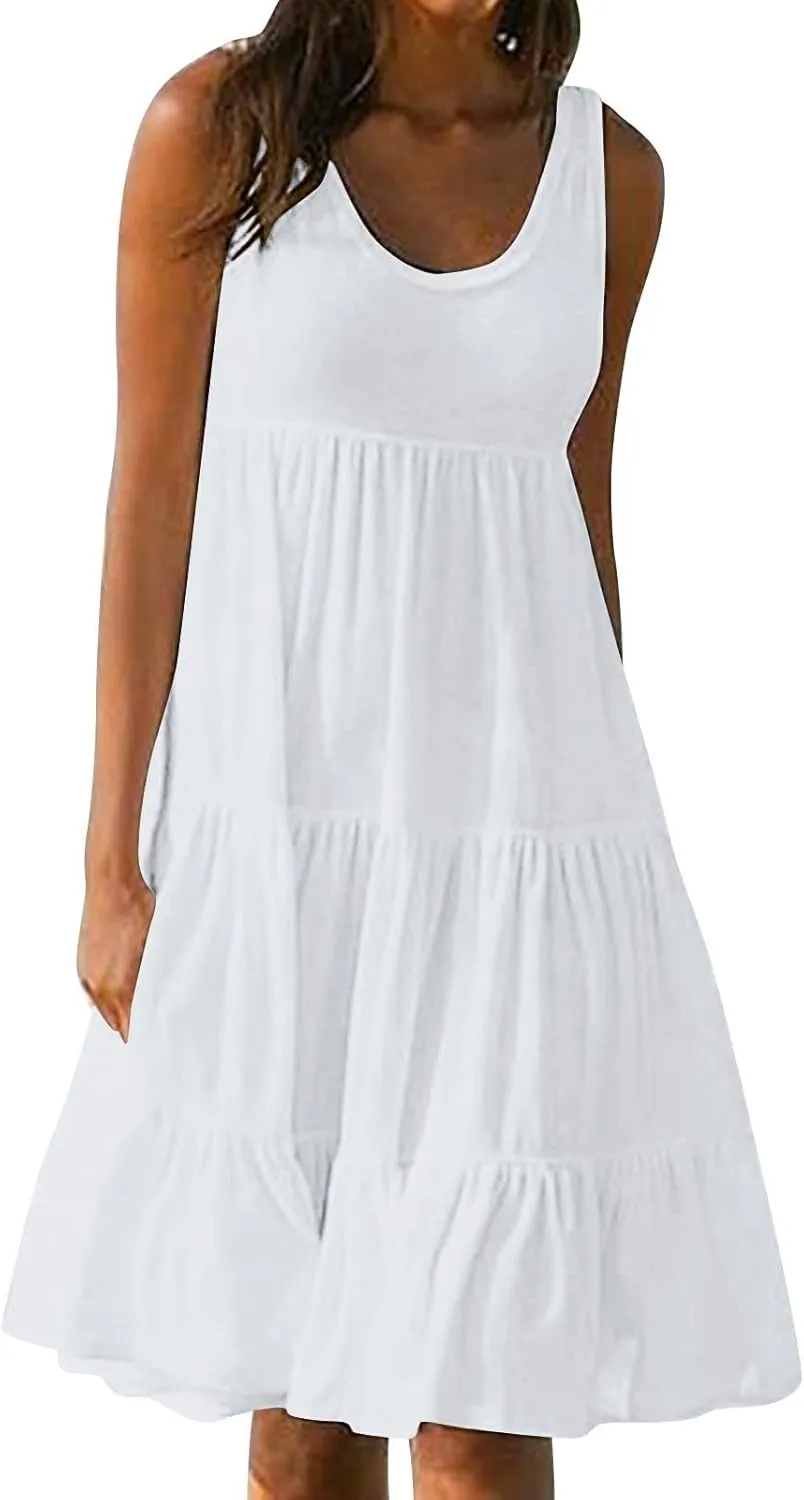 Sundresses for Women 2025 Vacation Summer Beach Dresses Casual Flowy Knee Length Tshirt Dress Sleeveless Ruffle Dress