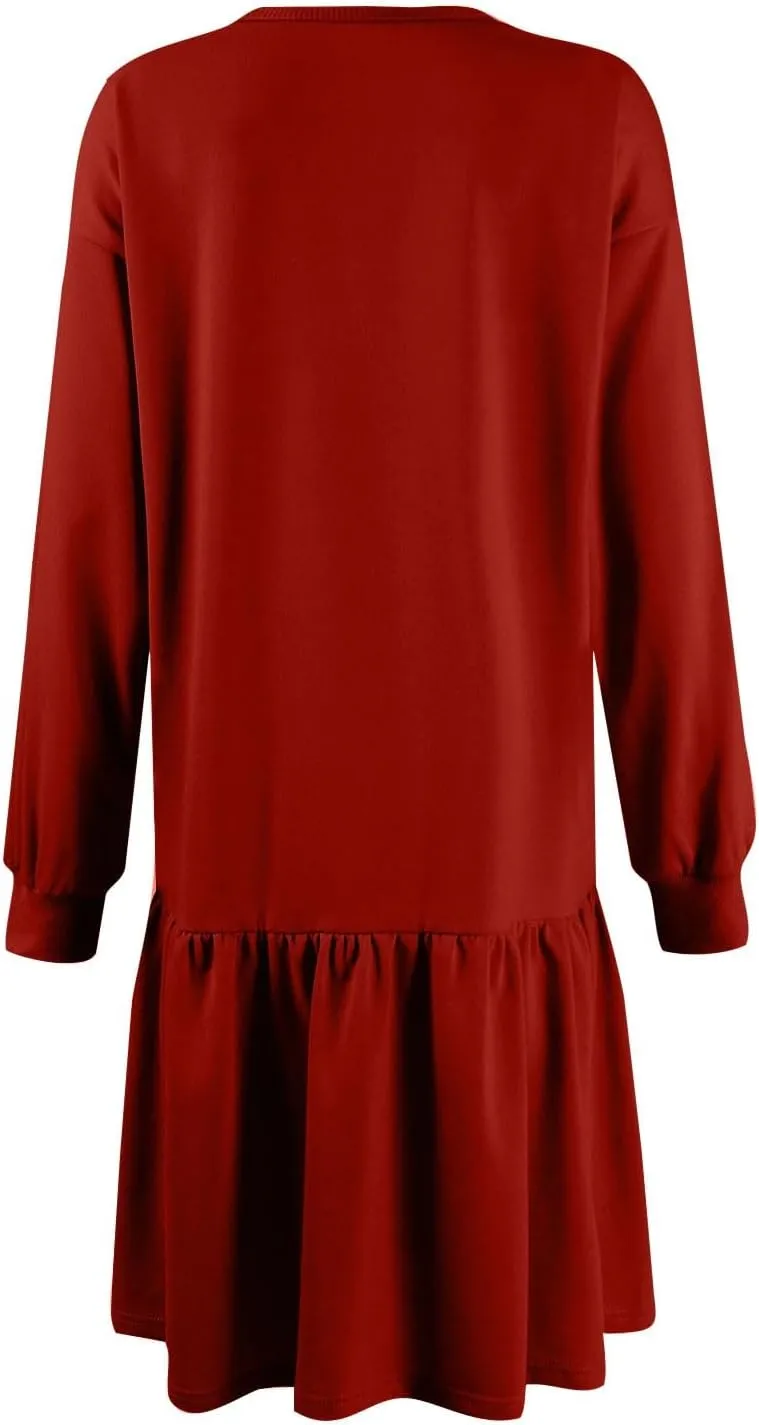 Sweatshirt Dress for Women Crewneck Long Sleeve Patchwork Pleated Pullover Relaxed Fit Mini Dress Fall Dress 2024