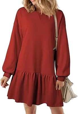 Sweatshirt Dress for Women Crewneck Long Sleeve Patchwork Pleated Pullover Relaxed Fit Mini Dress Fall Dress 2024