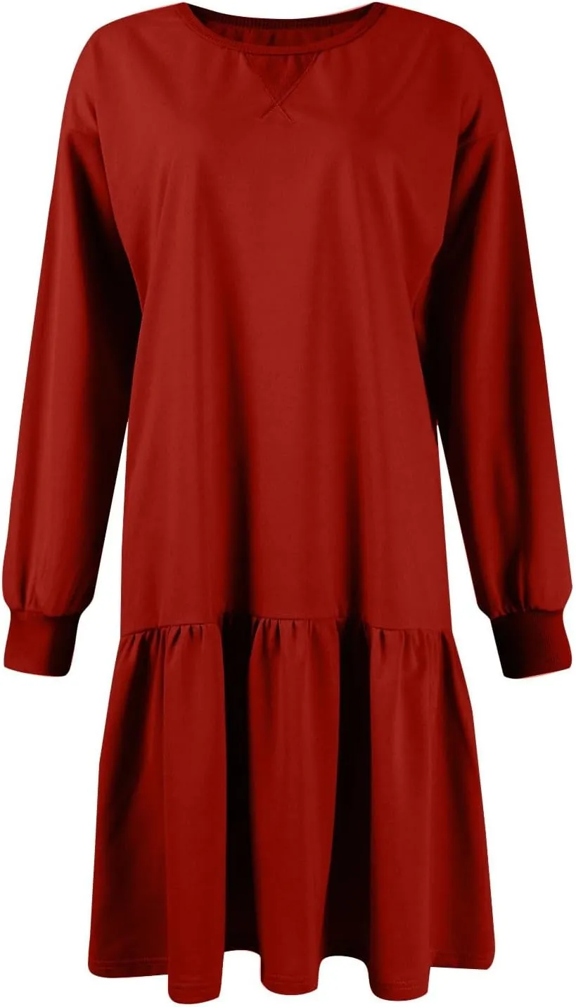 Sweatshirt Dress for Women Crewneck Long Sleeve Patchwork Pleated Pullover Relaxed Fit Mini Dress Fall Dress 2024