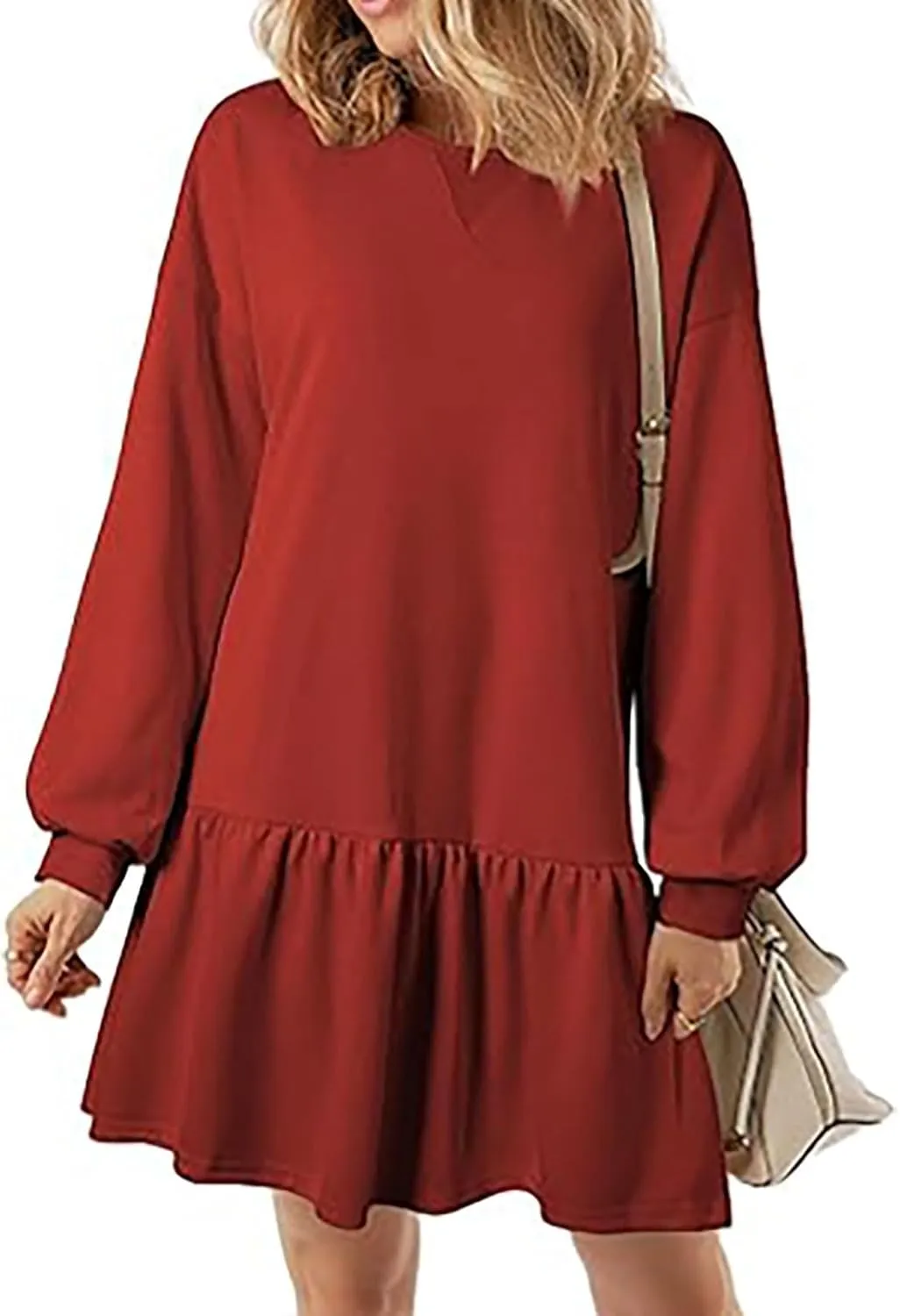 Sweatshirt Dress for Women Crewneck Long Sleeve Patchwork Pleated Pullover Relaxed Fit Mini Dress Fall Dress 2024