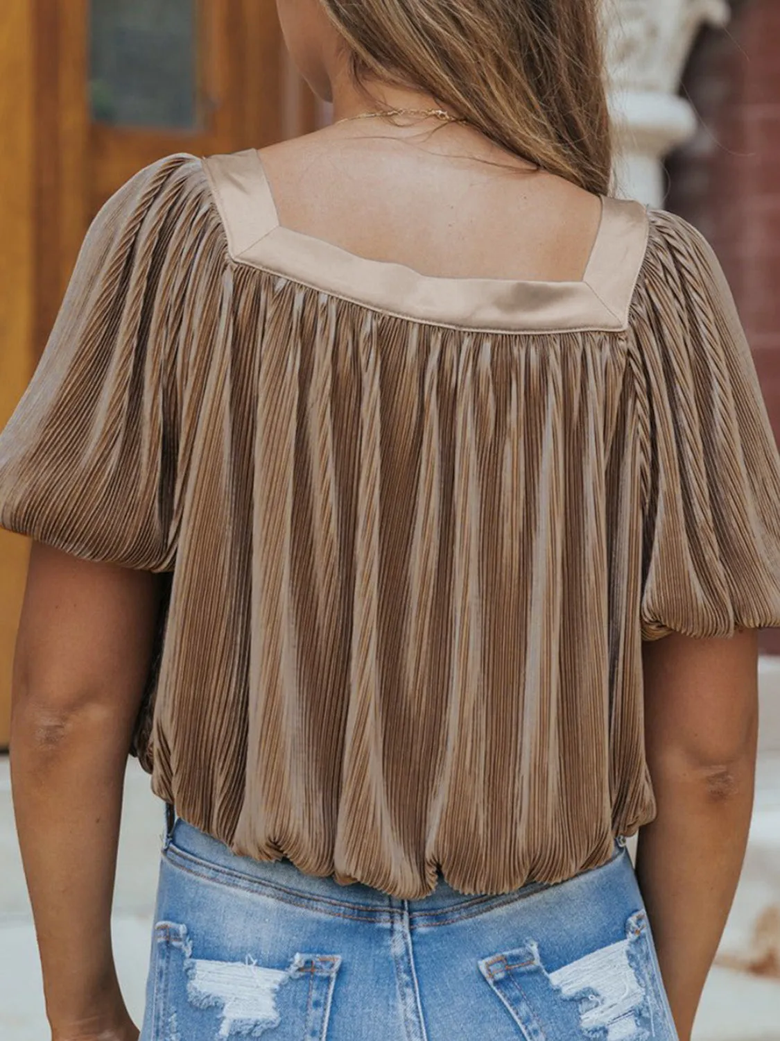 TEEK - Coffee Brown Square Neck Puff Sleeve Top