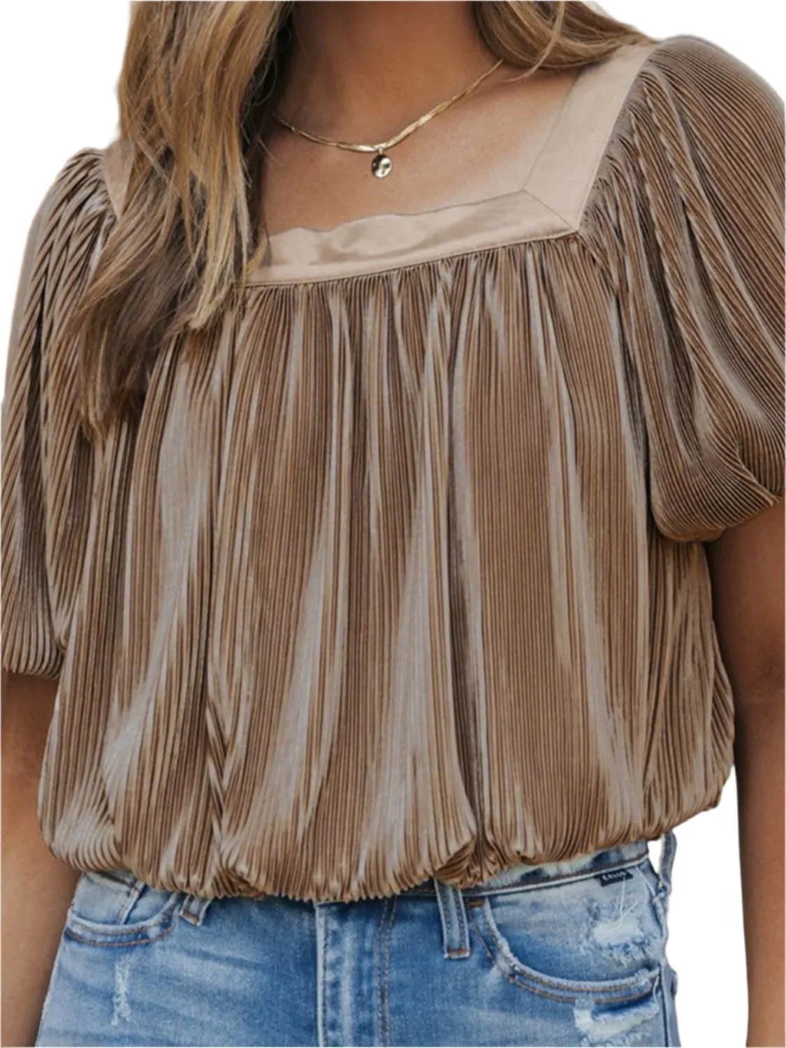 TEEK - Coffee Brown Square Neck Puff Sleeve Top