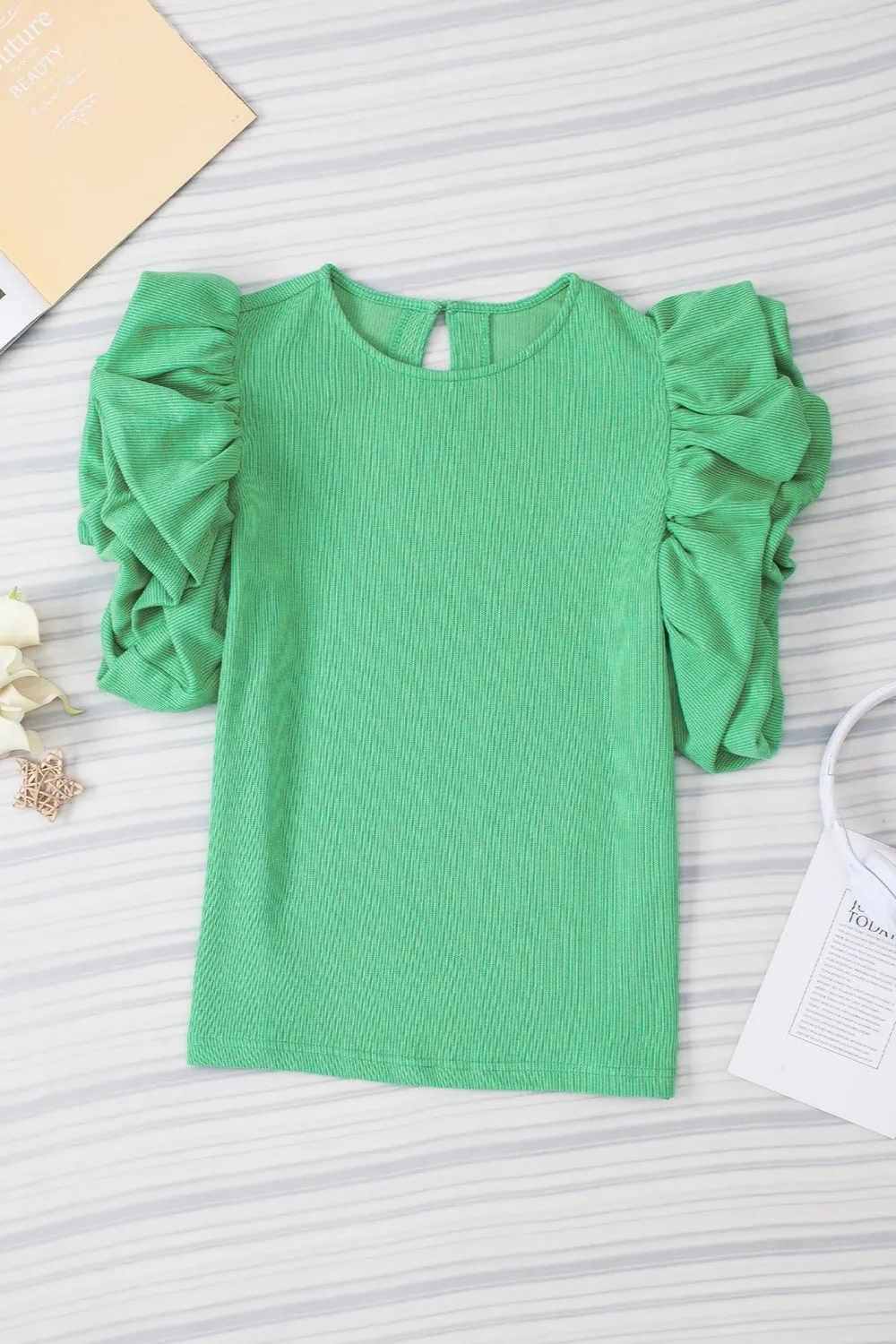 TEEK - Gum Leaf Ruched Short Sleeve Blouse