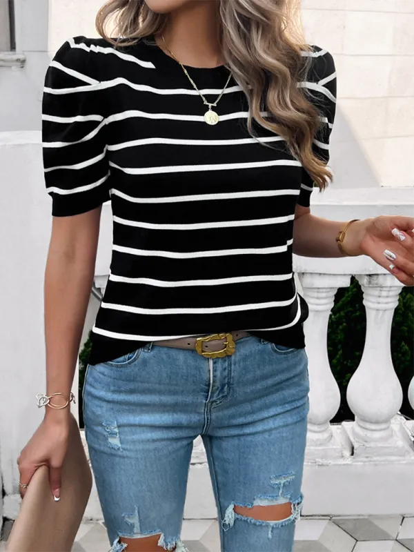 TEEK - Puff Sleeve Round Neck Striped Color Sweater