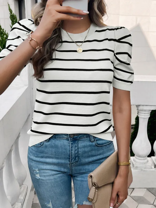 TEEK - Puff Sleeve Round Neck Striped Color Sweater